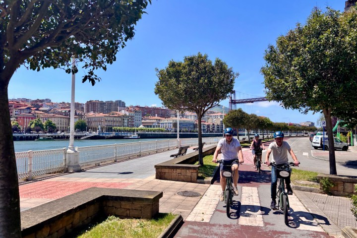 People biking on a riverside path with trees and a bridge in the background.