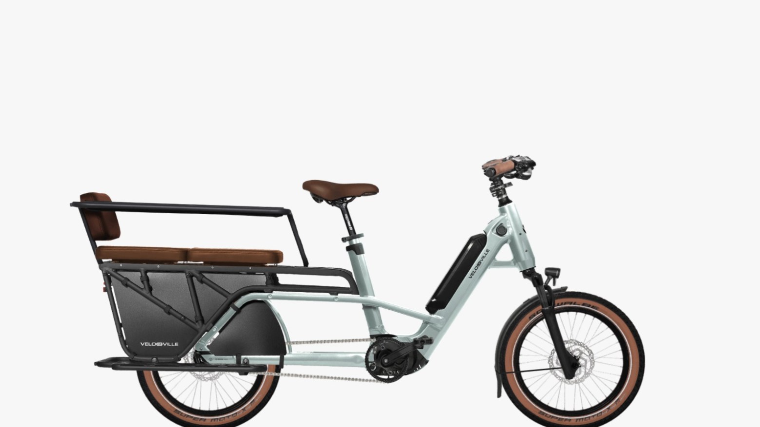 Electric cargo bike with rear bench seating and black frame.