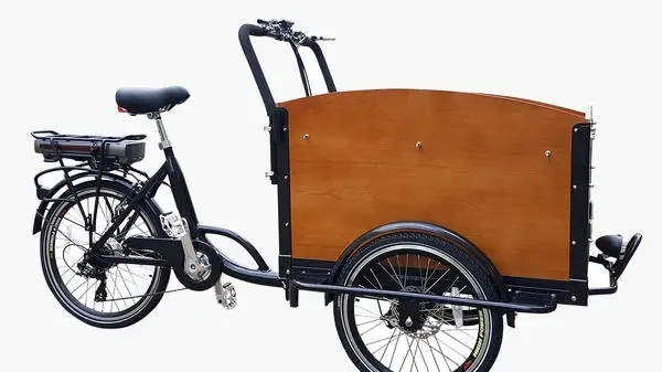 Electric cargo bike with wooden box on frame, three wheels.